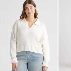 Quince Organic Cropped Cotton Polo Sweater Ivory Jumper Relaxed Fit sz XS